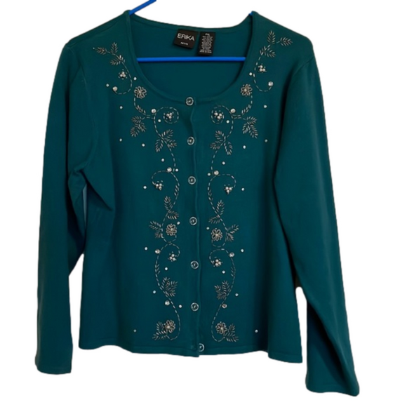 ERIKA Embellished Button Down Cardigan, Women’s XL, Dark Teal Green - Picture 1 of 5